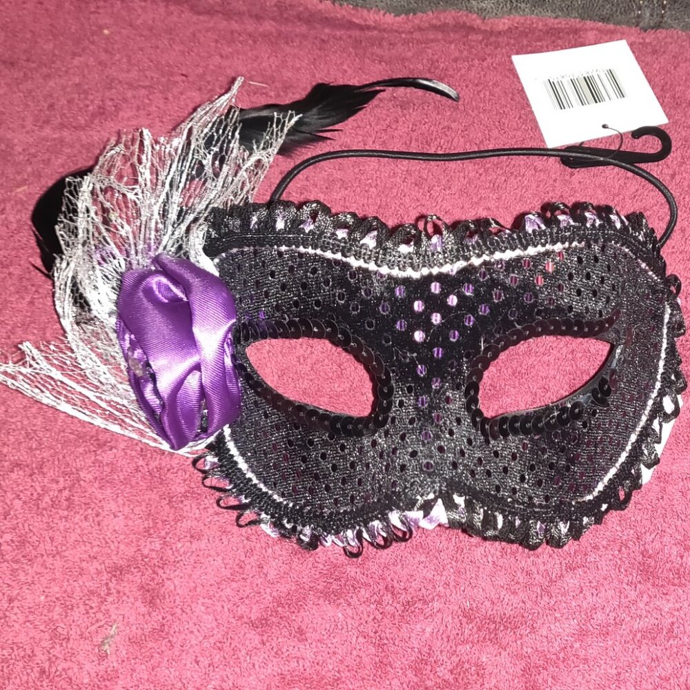 Sequined Black Masquerade Mask with Feathers and Purple Satin Rose